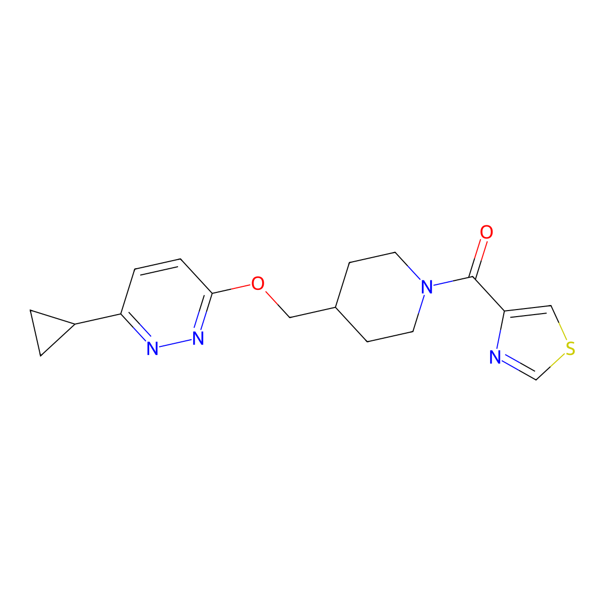 3-Cyclopropyl-6-{[1-(1,3-thiazole-4-carbonyl)piperidin-4-yl]methoxy}pyridazine molecular structure, CAS 2309187-16-2