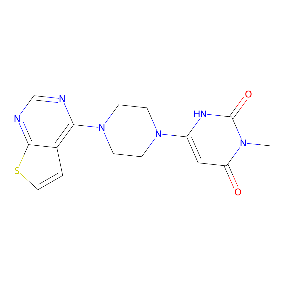 3-methyl-6-(4-(thieno[2,3-d]pyrimidin-4-yl)piperazin-1-yl)pyrimidine-2,4(1H,3H)-dione molecular structure, CAS 2309187-59-3