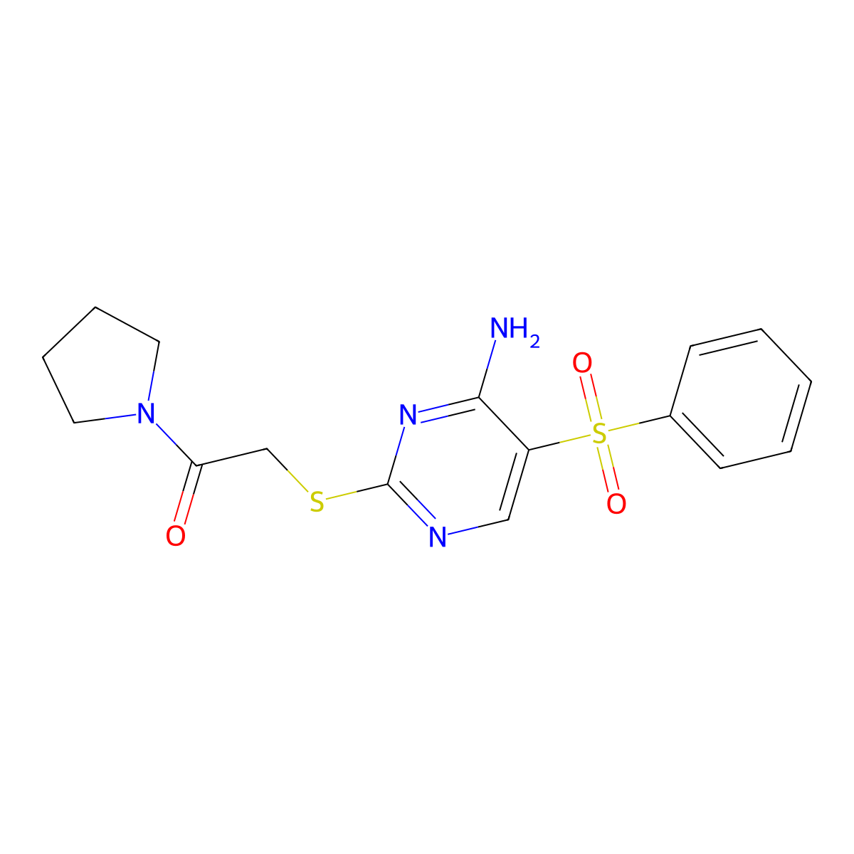 2-{[4-Amino-5-(benzenesulfonyl)pyrimidin-2-yl]sulfanyl}-1-(pyrrolidin-1-yl)ethan-1-one molecular structure, CAS 2309187-69-5