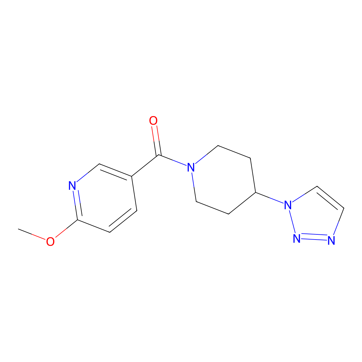 (4-(1H-1,2,3-triazol-1-yl)piperidin-1-yl)(6-methoxypyridin-3-yl)methanone molecular structure, CAS 2309187-97-9