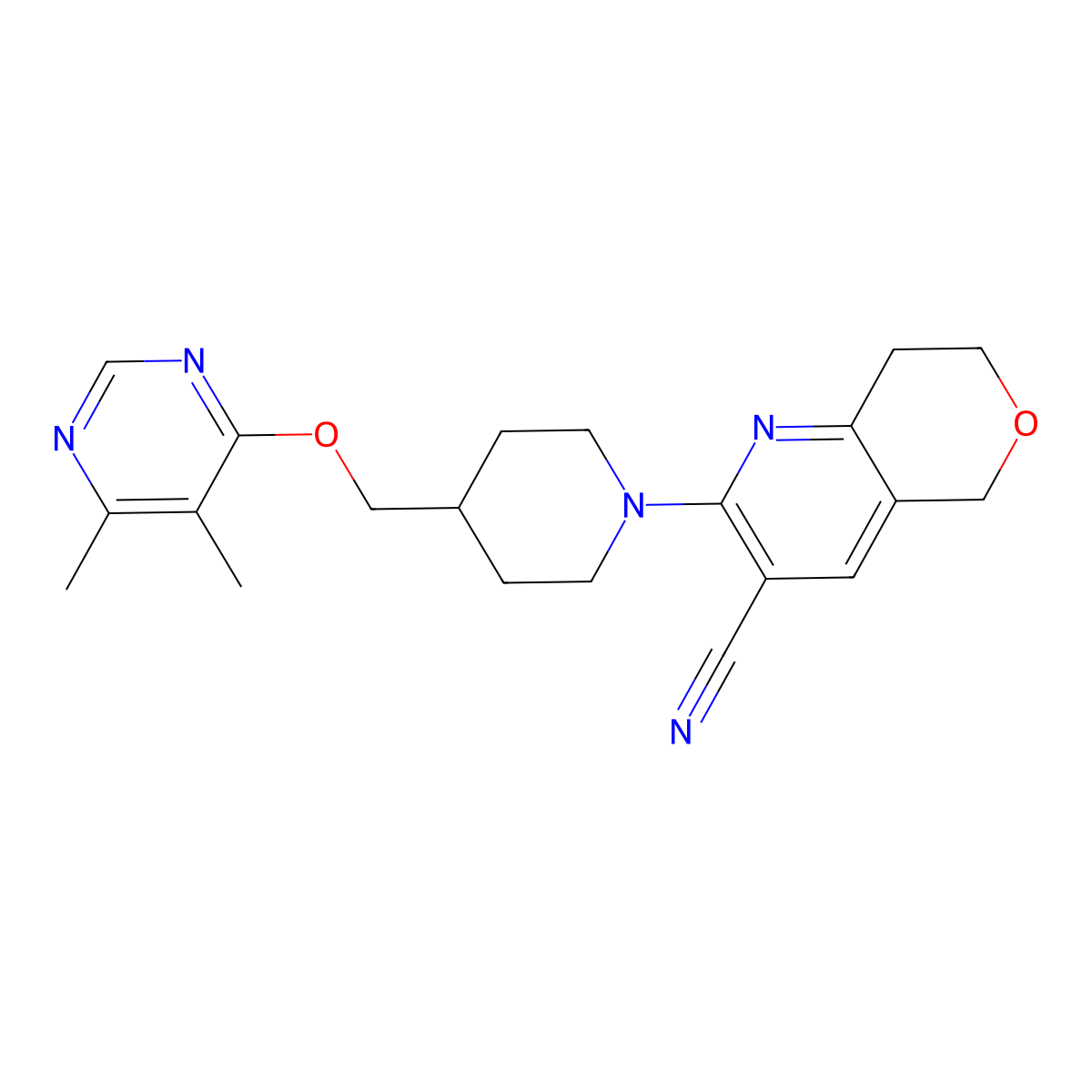 2-(4-{[(5,6-dimethylpyrimidin-4-yl)oxy]methyl}piperidin-1-yl)-5H,7H,8H-pyrano[4,3-b]pyridine-3-carbonitrile molecular structure, CAS 2309188-04-1