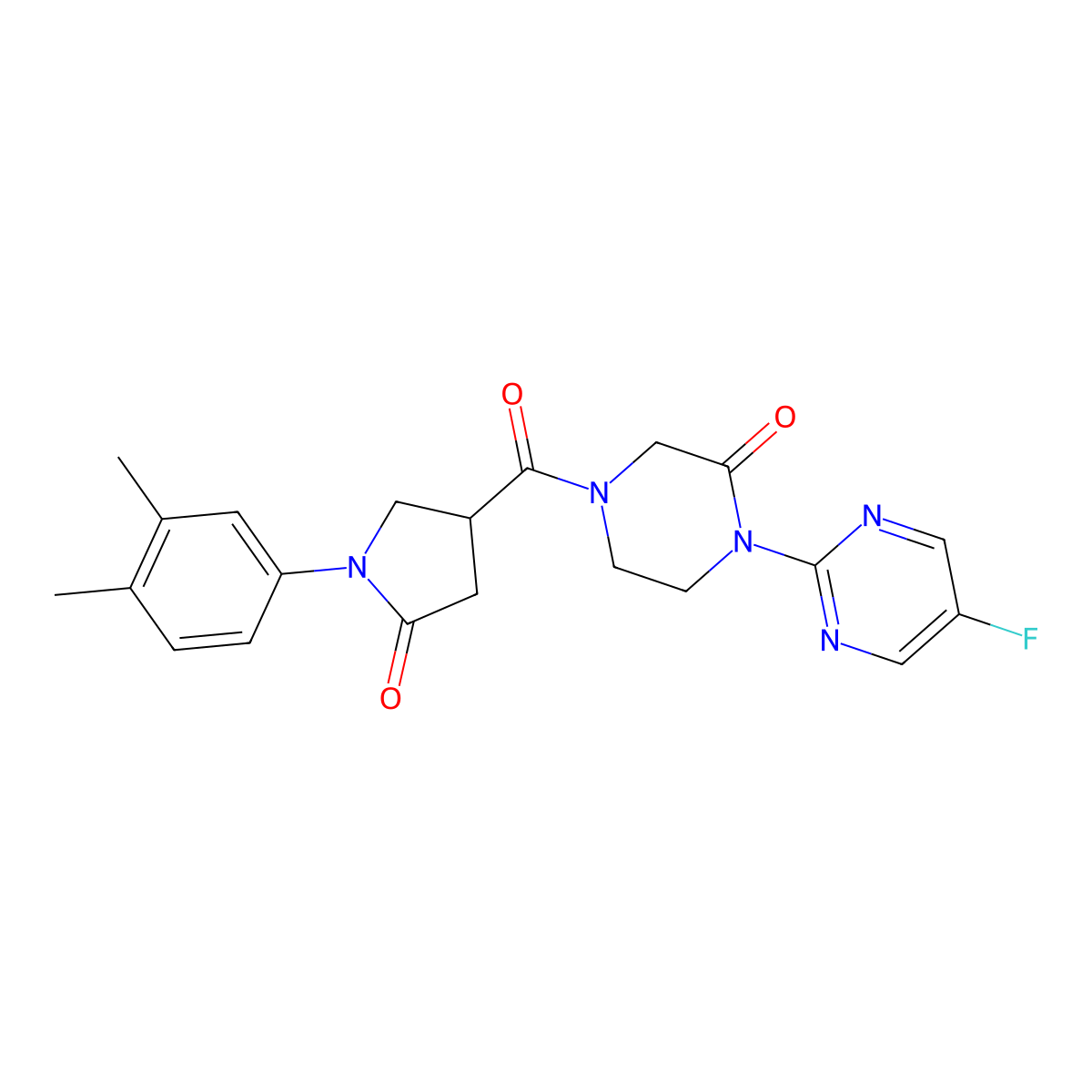 4-[1-(3,4-Dimethylphenyl)-5-oxopyrrolidine-3-carbonyl]-1-(5-fluoropyrimidin-2-yl)piperazin-2-one molecular structure, CAS 2309188-07-4