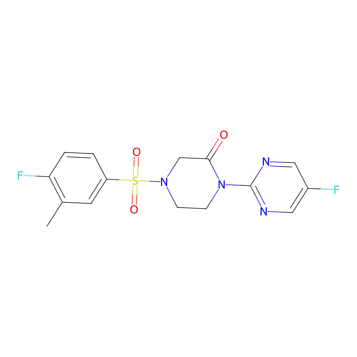 4-(4-Fluoro-3-methylbenzenesulfonyl)-1-(5-fluoropyrimidin-2-yl)piperazin-2-one molecular structure, CAS 2309188-21-2