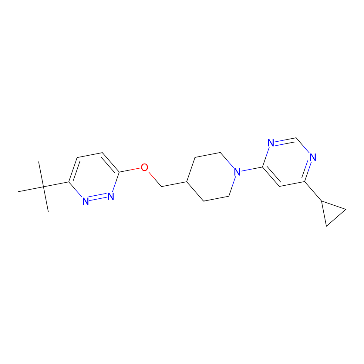 4-(4-{[(6-Tert-butylpyridazin-3-yl)oxy]methyl}piperidin-1-yl)-6-cyclopropylpyrimidine molecular structure, CAS 2309188-34-7