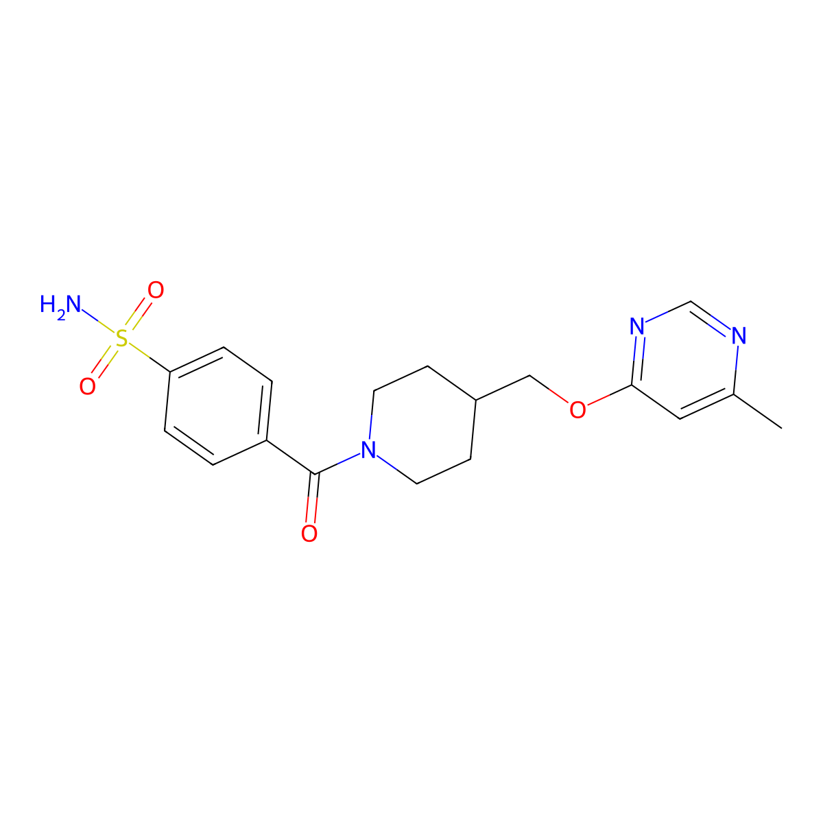 4-(4-(((6-Methylpyrimidin-4-yl)oxy)methyl)piperidine-1-carbonyl)benzenesulfonamide molecular structure, CAS 2309189-28-2