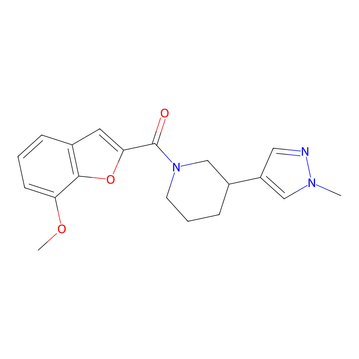 1-(7-methoxy-1-benzofuran-2-carbonyl)-3-(1-methyl-1H-pyrazol-4-yl)piperidine molecular structure, CAS 2309189-36-2