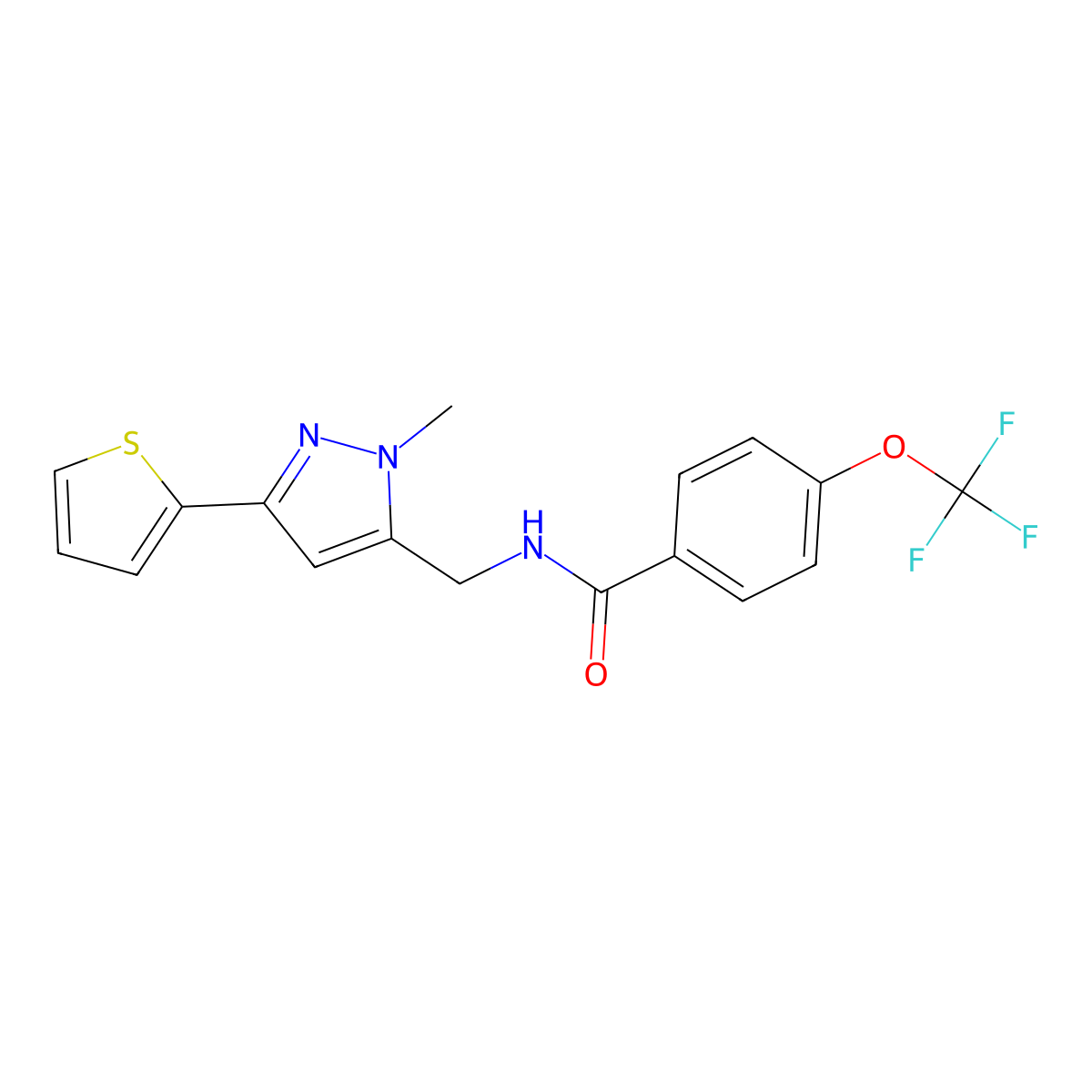 N-{[1-methyl-3-(thiophen-2-yl)-1H-pyrazol-5-yl]methyl}-4-(trifluoromethoxy)benzamide molecular structure, CAS 2309189-62-4