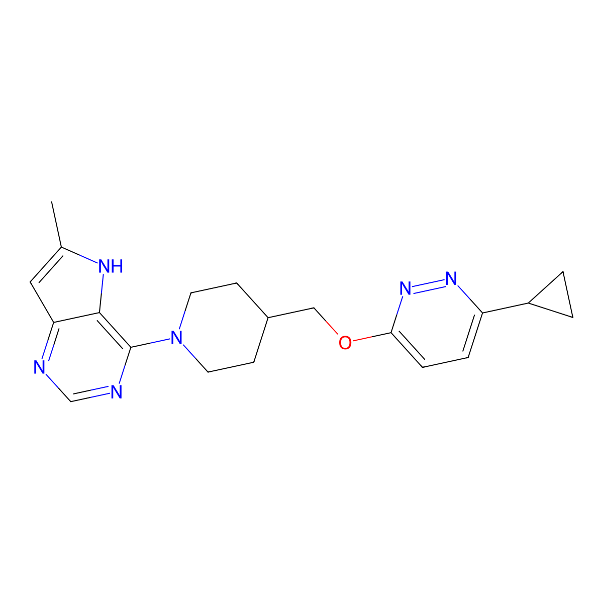 3-cyclopropyl-6-[(1-{6-methyl-5H-pyrrolo[3,2-d]pyrimidin-4-yl}piperidin-4-yl)methoxy]pyridazine molecular structure, CAS 2309189-75-9