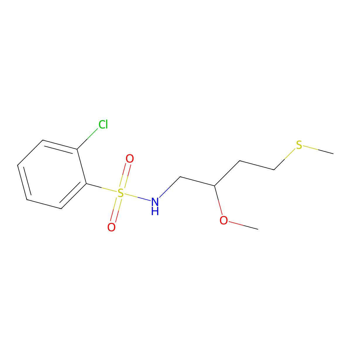 2-chloro-N-[2-methoxy-4-(methylsulfanyl)butyl]benzene-1-sulfonamide molecular structure, CAS 2309189-81-7