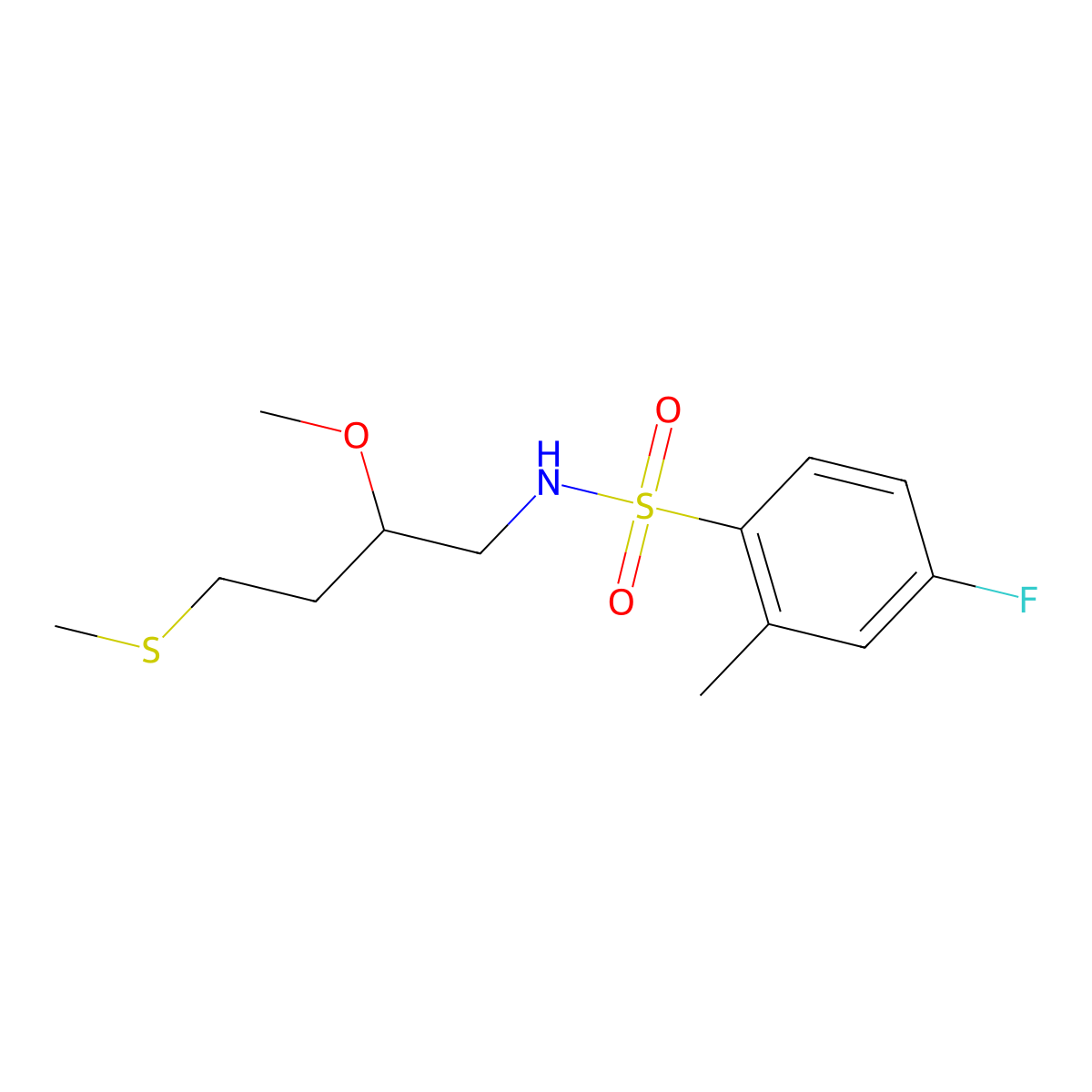 4-fluoro-N-[2-methoxy-4-(methylsulfanyl)butyl]-2-methylbenzene-1-sulfonamide molecular structure, CAS 2309190-32-5