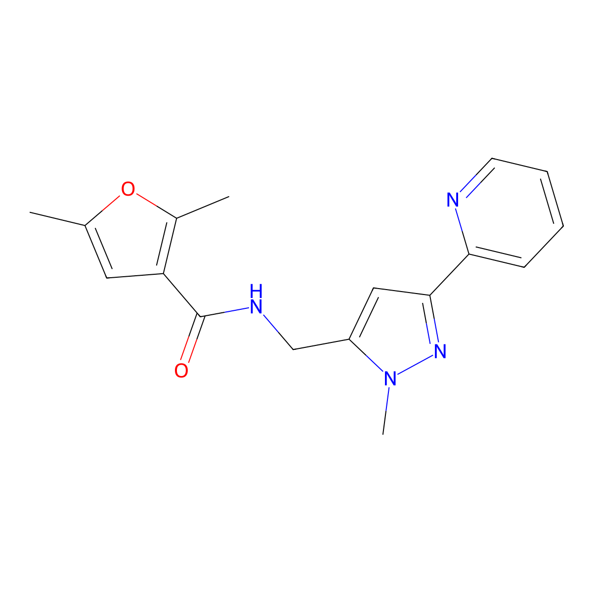 2,5-dimethyl-N-{[1-methyl-3-(pyridin-2-yl)-1H-pyrazol-5-yl]methyl}furan-3-carboxamide molecular structure, CAS 2309190-91-6