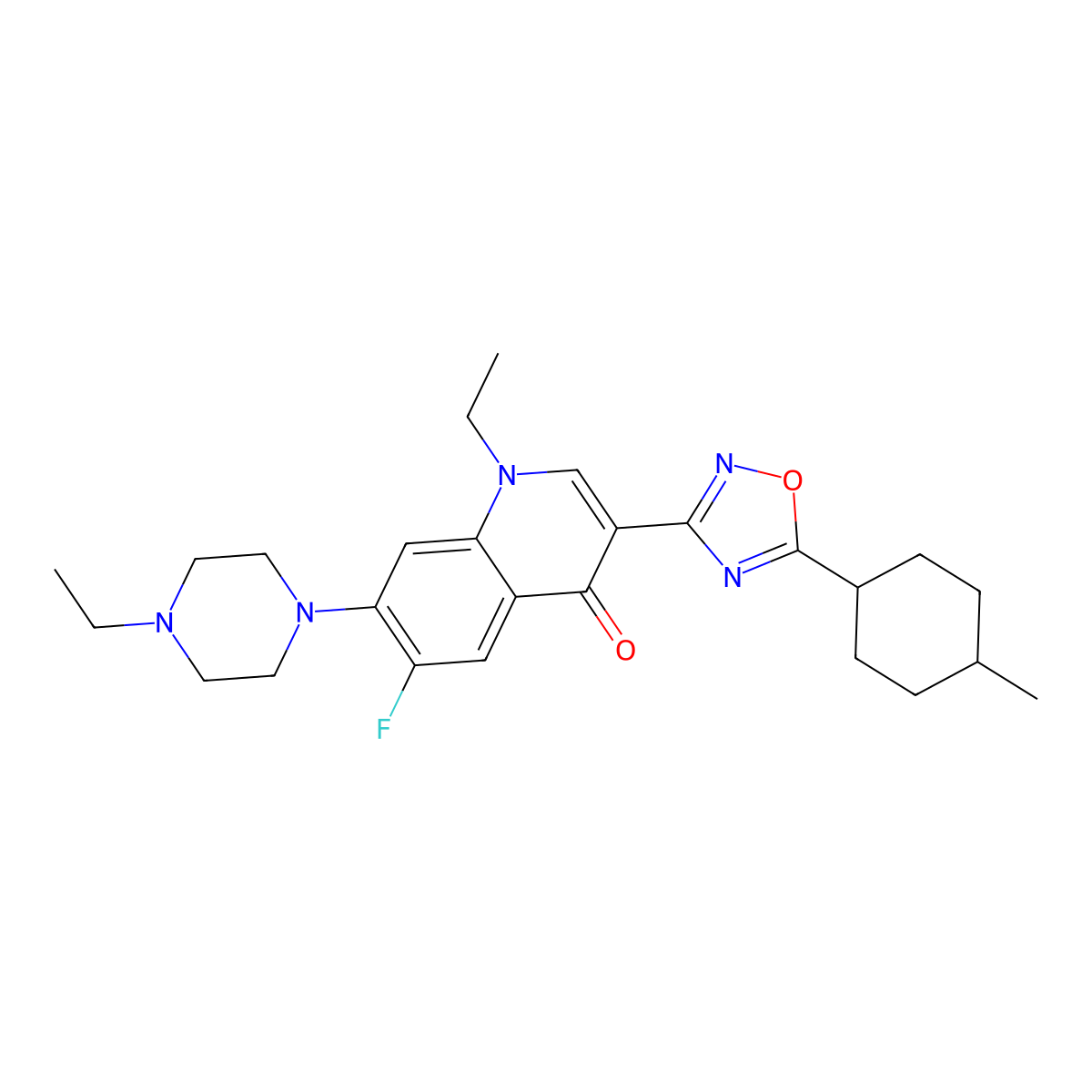1-Ethyl-7-(4-ethylpiperazin-1-yl)-6-fluoro-3-[5-(4-methylcyclohexyl)-1,2,4-oxadiazol-3-yl]-1,4-dihydroquinolin-4-one molecular structure, CAS 2309191-48-6