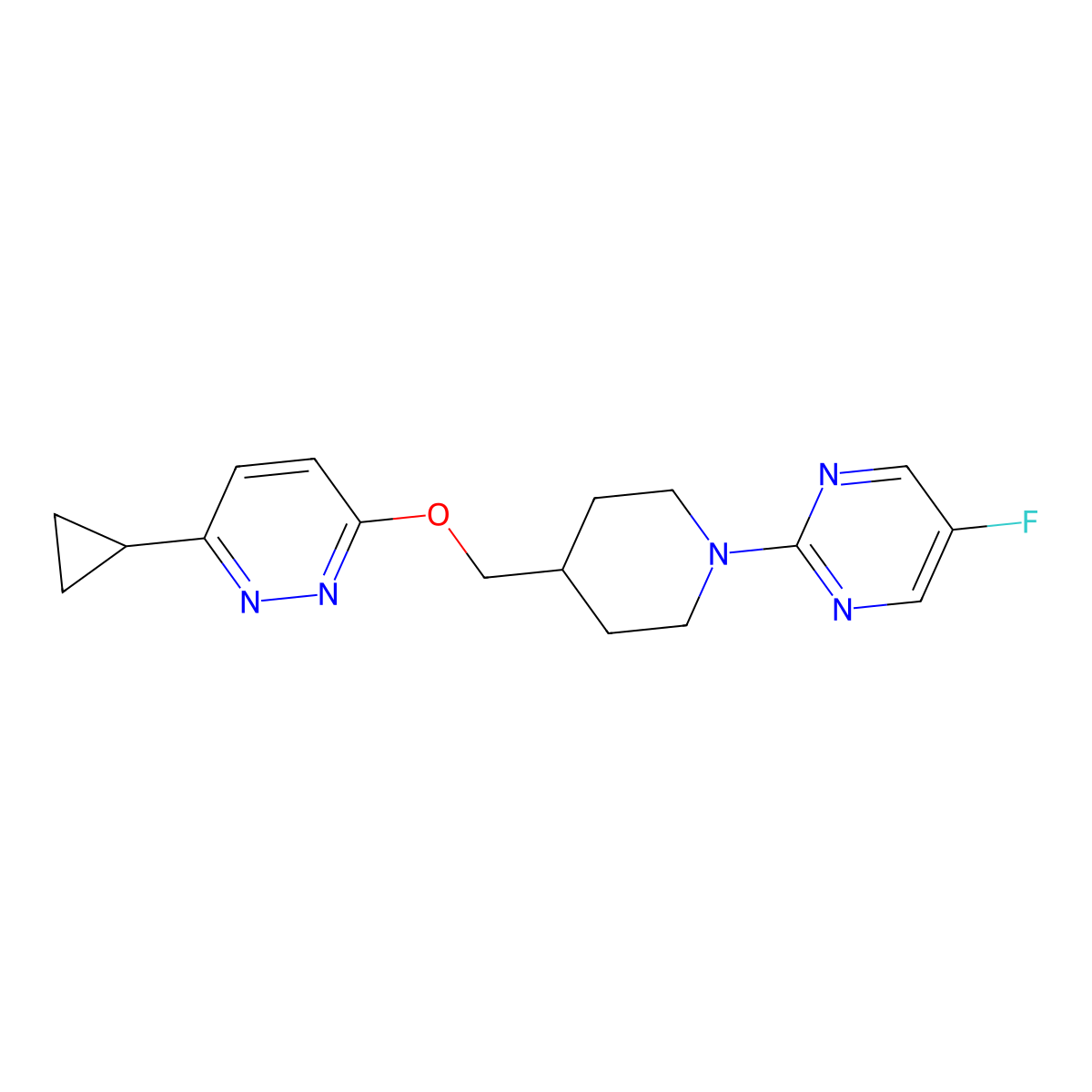 3-Cyclopropyl-6-{[1-(5-fluoropyrimidin-2-yl)piperidin-4-yl]methoxy}pyridazine molecular structure, CAS 2309191-69-1