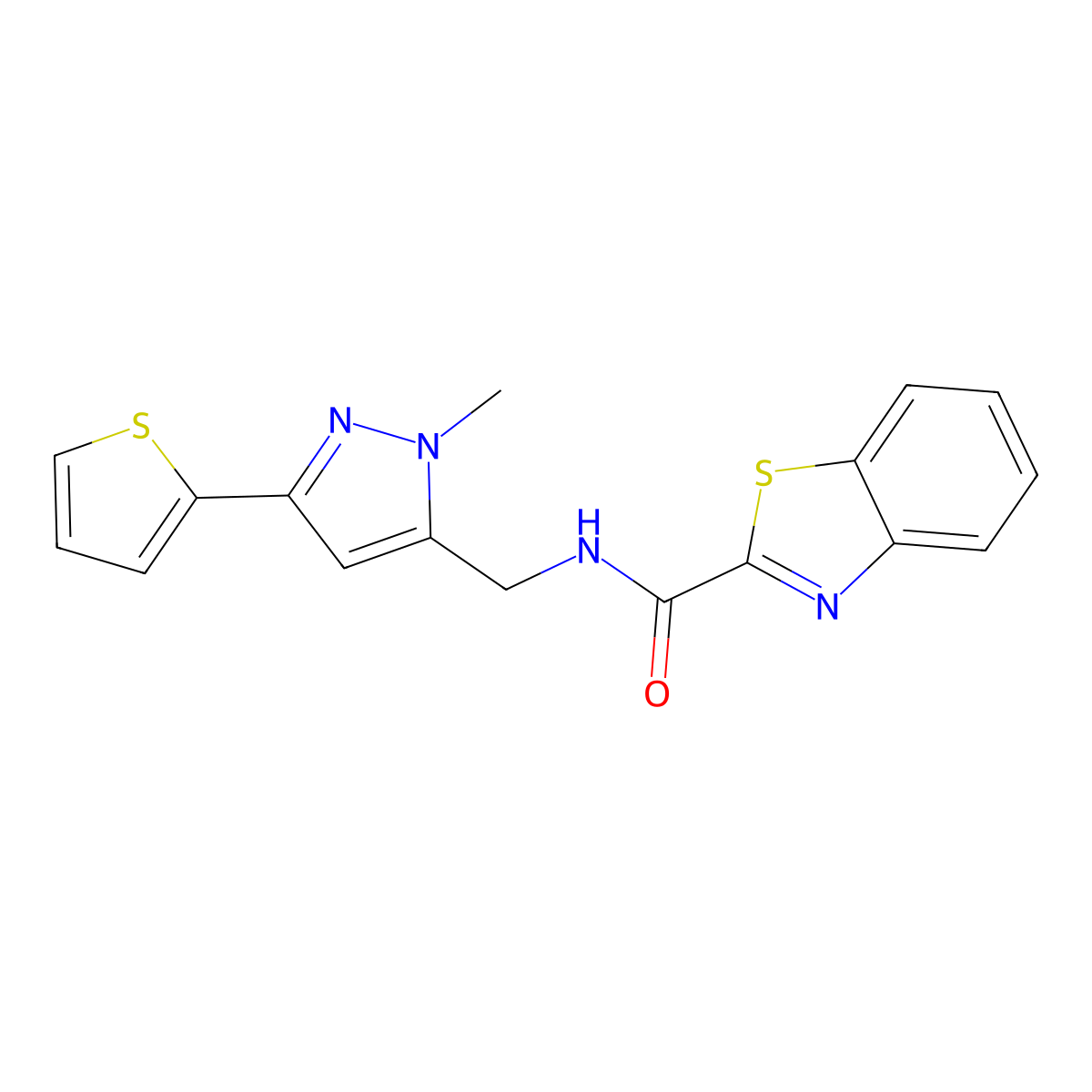 N-{[1-methyl-3-(thiophen-2-yl)-1H-pyrazol-5-yl]methyl}-1,3-benzothiazole-2-carboxamide molecular structure, CAS 2309192-54-7