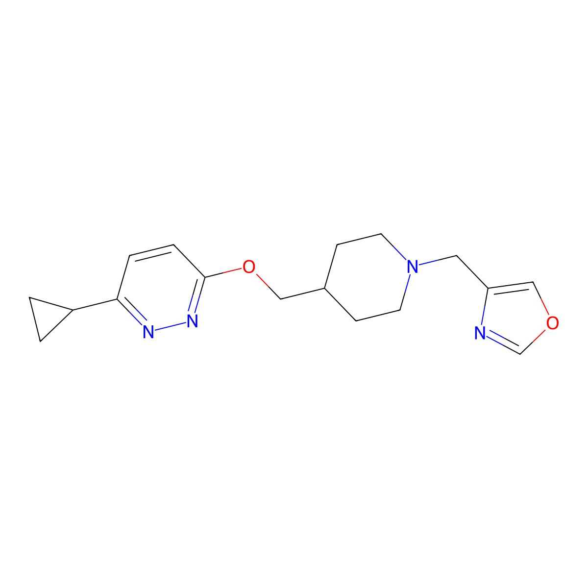 3-Cyclopropyl-6-({1-[(1,3-oxazol-4-yl)methyl]piperidin-4-yl}methoxy)pyridazine molecular structure, CAS 2309192-65-0