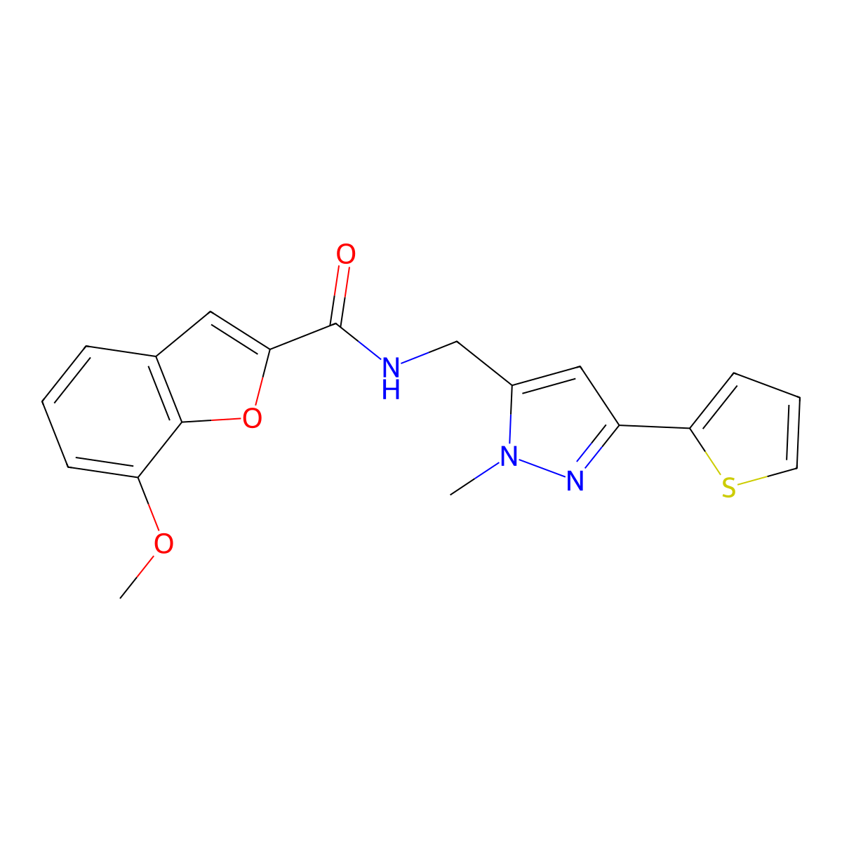 7-methoxy-N-{[1-methyl-3-(thiophen-2-yl)-1H-pyrazol-5-yl]methyl}-1-benzofuran-2-carboxamide molecular structure, CAS 2309192-71-8