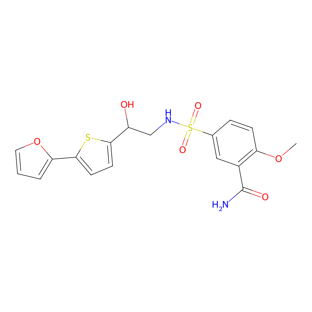 5-({2-[5-(Furan-2-yl)thiophen-2-yl]-2-hydroxyethyl}sulfamoyl)-2-methoxybenzamide molecular structure, CAS 2309213-91-8