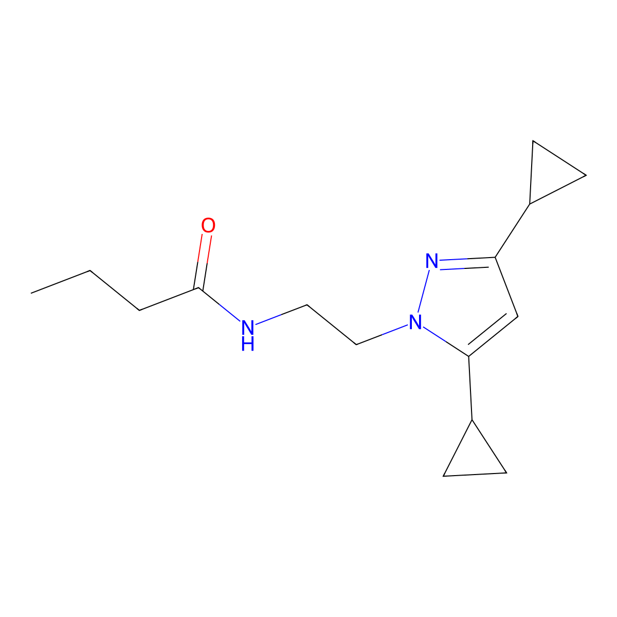 N-(2-(3,5-dicyclopropyl-1H-pyrazol-1-yl)ethyl)butyramide molecular structure, CAS 2309214-17-1
