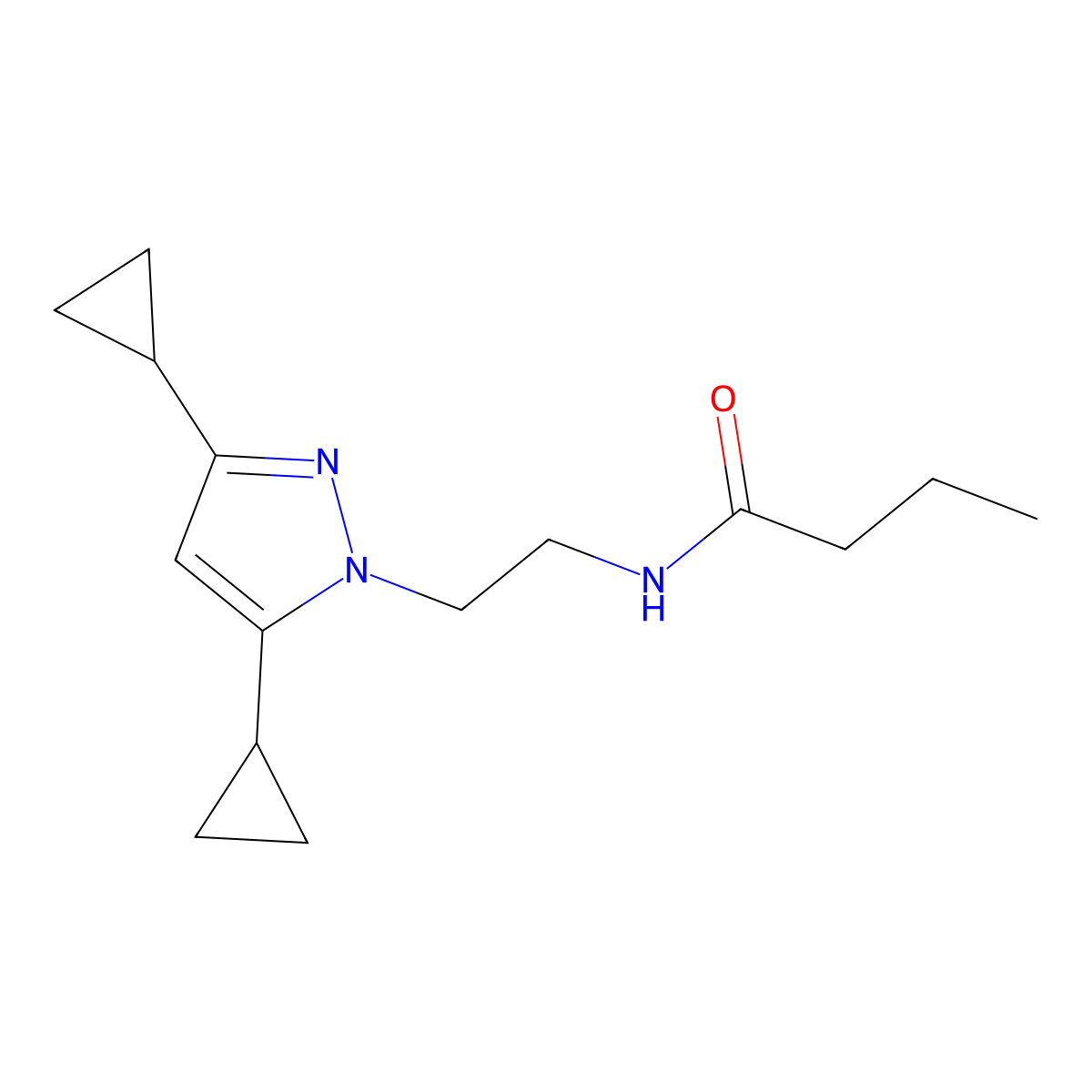N-(2-(3,5-dicyclopropyl-1H-pyrazol-1-yl)ethyl)butyramide molecular structure, CAS 2309214-17-1