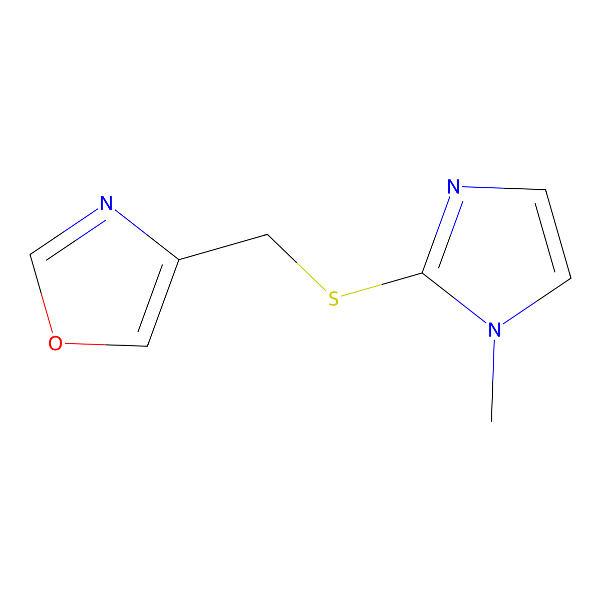 4-(((1-methyl-1H-imidazol-2-yl)thio)methyl)oxazole molecular structure, CAS 2309214-29-5