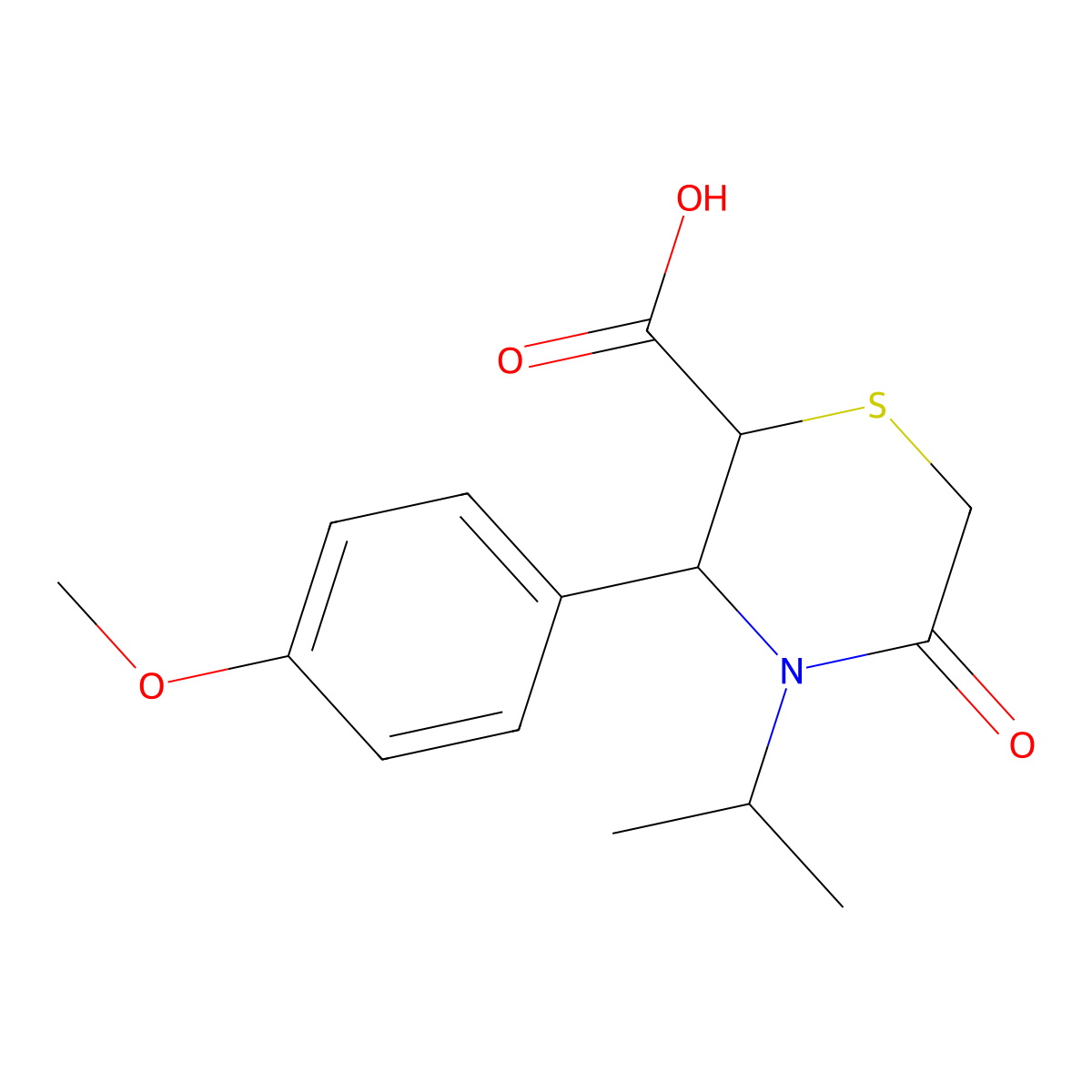 rel-(2R,3S)-3-(4-Methoxyphenyl)-4-(1-methylethyl)-5-oxo-2-thiomorpholinecarboxylic acid molecular structure, CAS 2309214-72-8