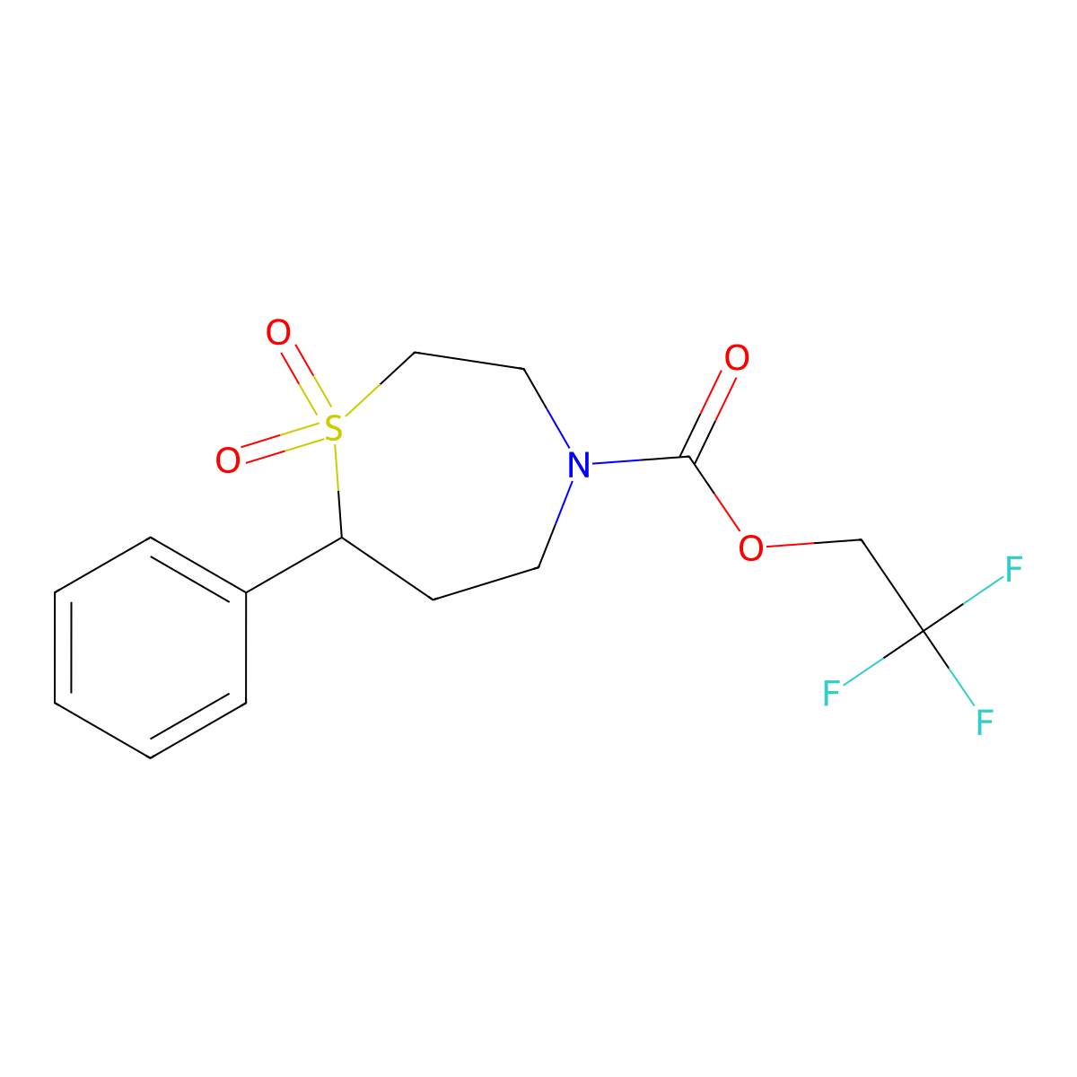 2,2,2-Trifluoroethyl 7-phenyl-1,4-thiazepane-4-carboxylate 1,1-dioxide molecular structure, CAS 2309215-65-2
