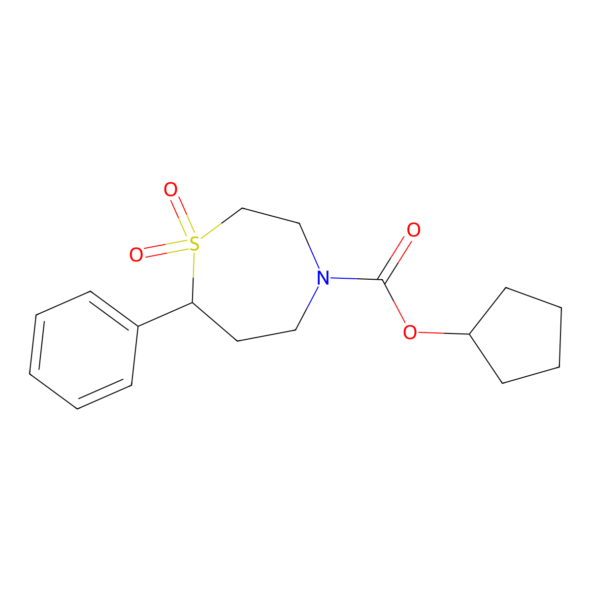 Cyclopentyl 7-phenyl-1,4-thiazepane-4-carboxylate 1,1-dioxide molecular structure, CAS 2309216-03-1