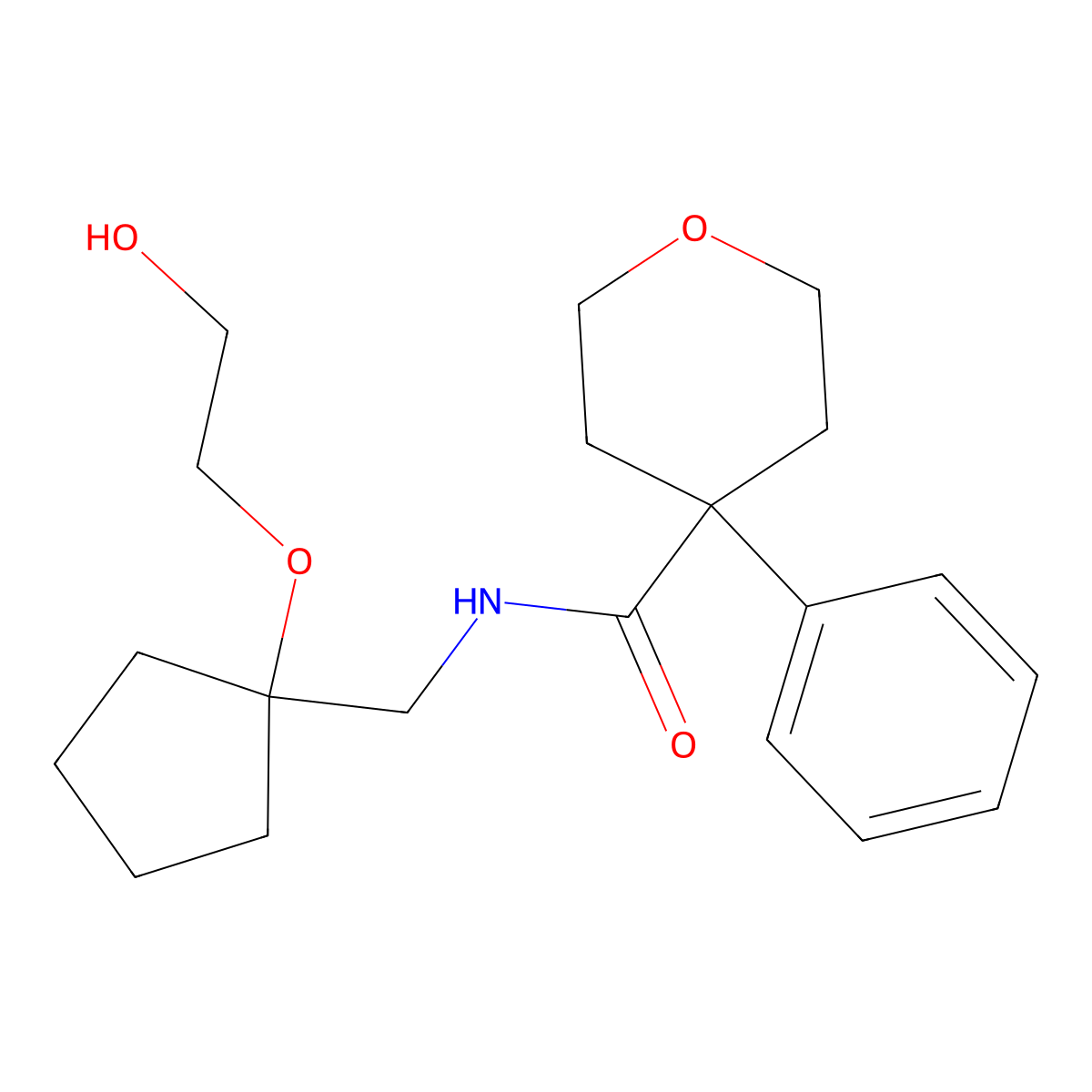 N-((1-(2-hydroxyethoxy)cyclopentyl)methyl)-4-phenyltetrahydro-2H-pyran-4-carboxamide molecular structure, CAS 2309216-34-8