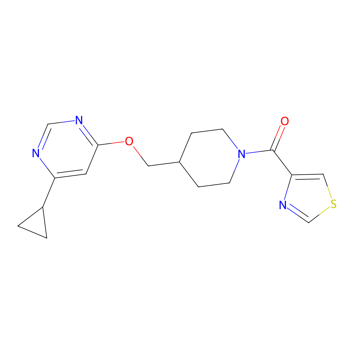 4-Cyclopropyl-6-{[1-(1,3-thiazole-4-carbonyl)piperidin-4-yl]methoxy}pyrimidine molecular structure, CAS 2309217-63-6