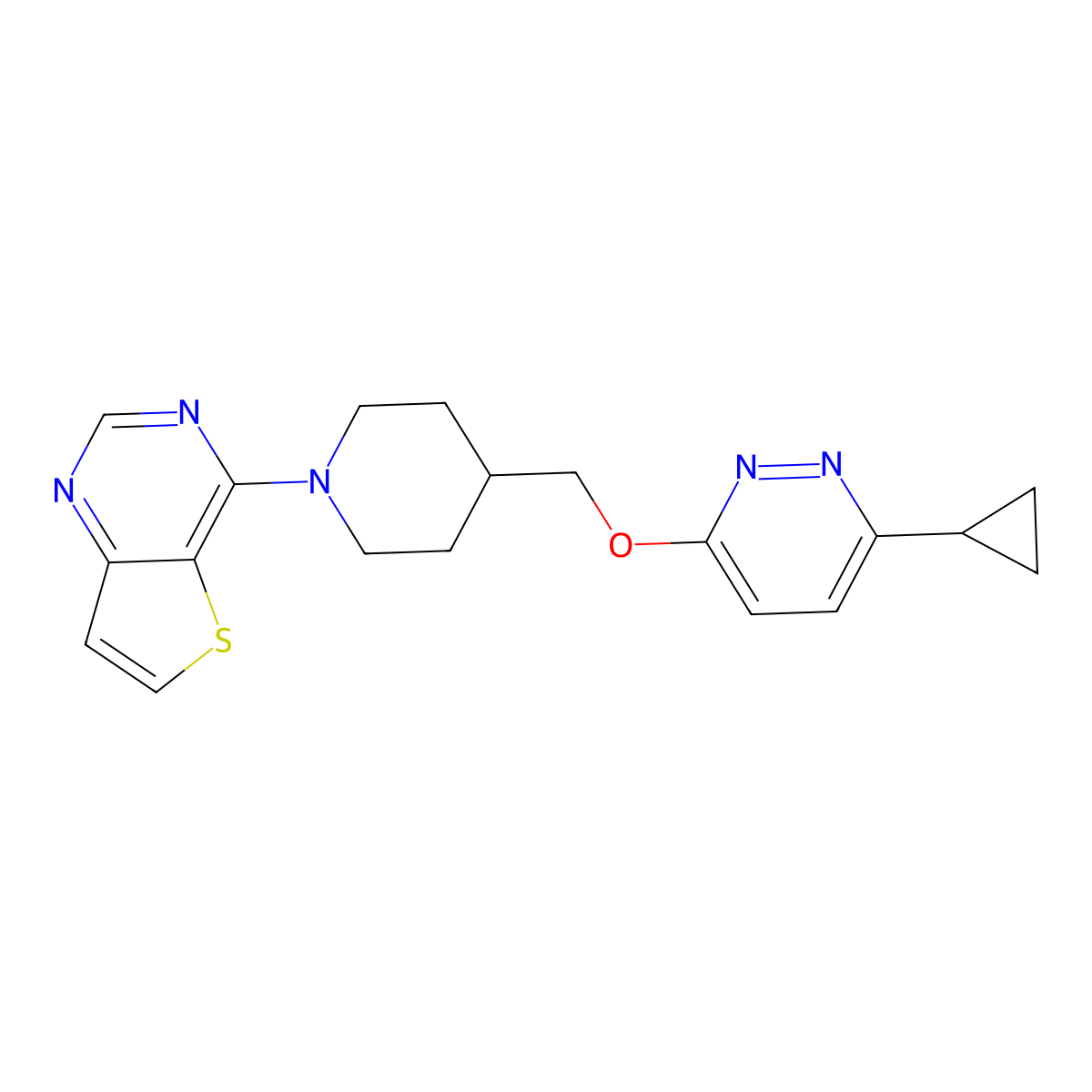 3-Cyclopropyl-6-[(1-{thieno[3,2-d]pyrimidin-4-yl}piperidin-4-yl)methoxy]pyridazine molecular structure, CAS 2309219-90-5