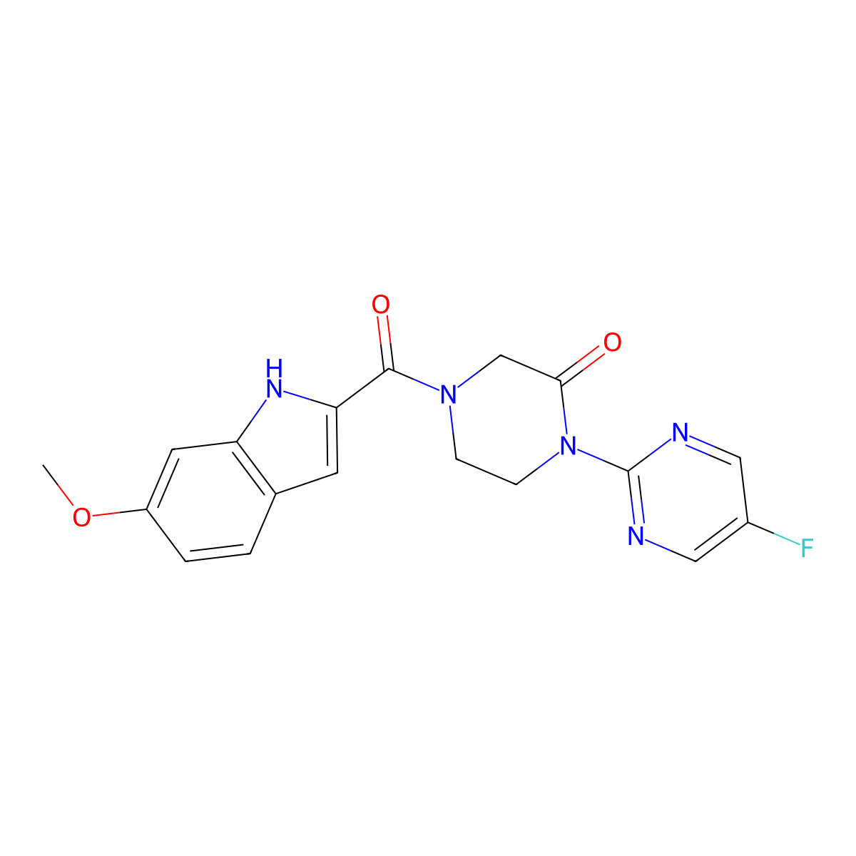 1-(5-fluoropyrimidin-2-yl)-4-(6-methoxy-1H-indole-2-carbonyl)piperazin-2-one molecular structure, CAS 2309220-64-0