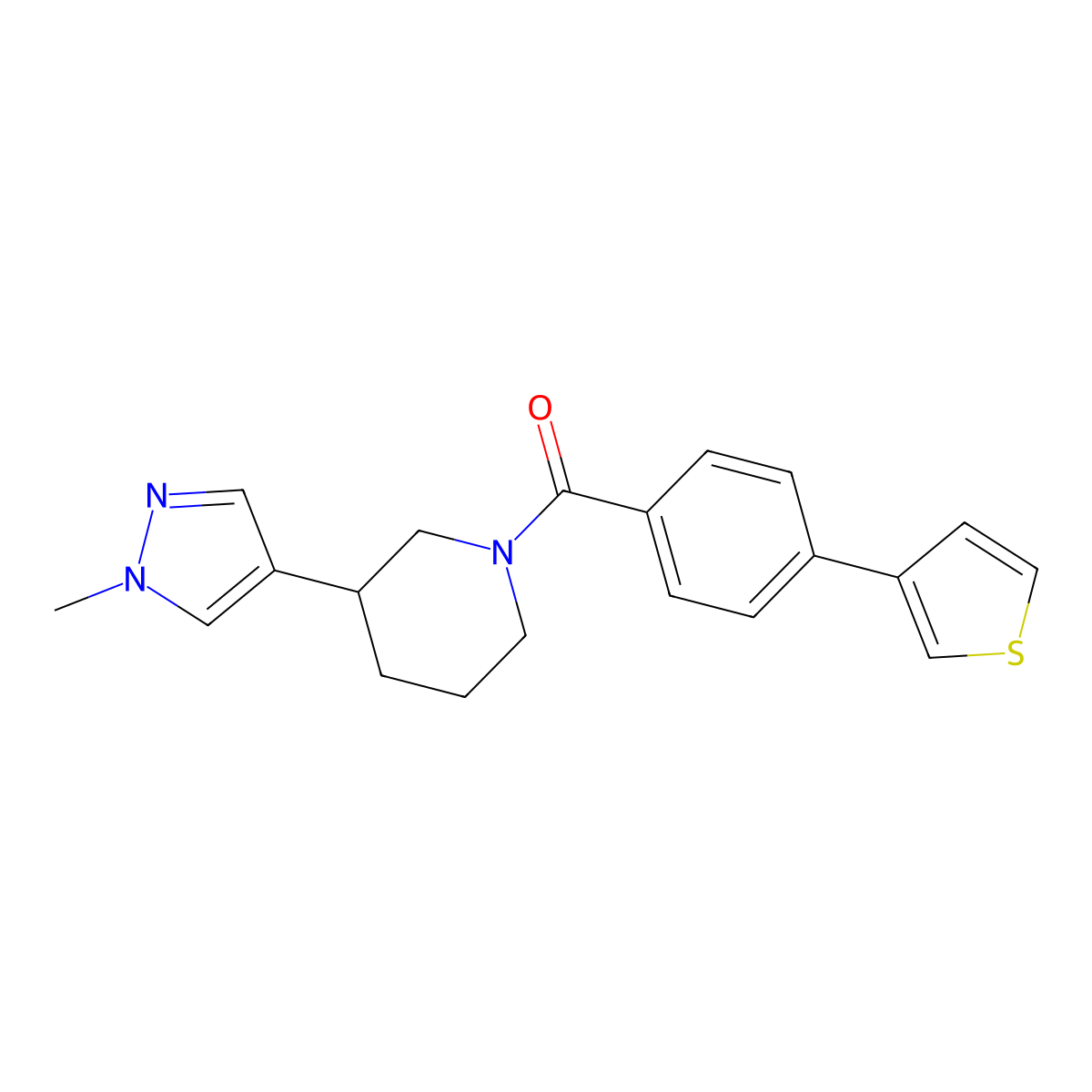 3-(1-methyl-1H-pyrazol-4-yl)-1-[4-(thiophen-3-yl)benzoyl]piperidine molecular structure, CAS 2309221-10-9