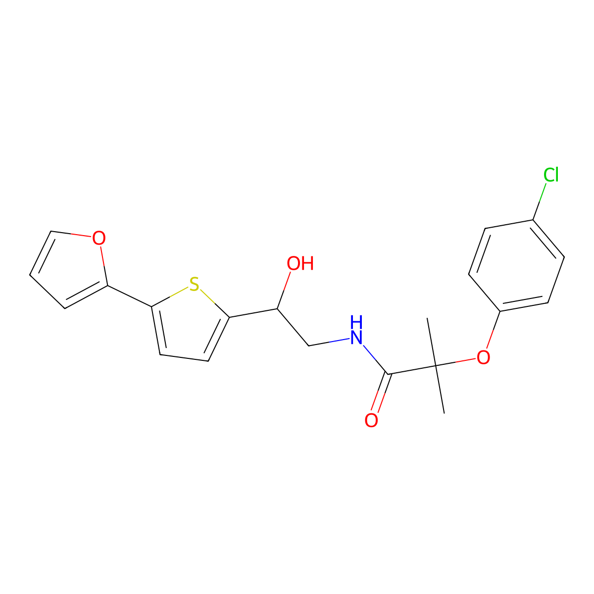 2-(4-chlorophenoxy)-N-{2-[5-(furan-2-yl)thiophen-2-yl]-2-hydroxyethyl}-2-methylpropanamide molecular structure, CAS 2309221-25-6