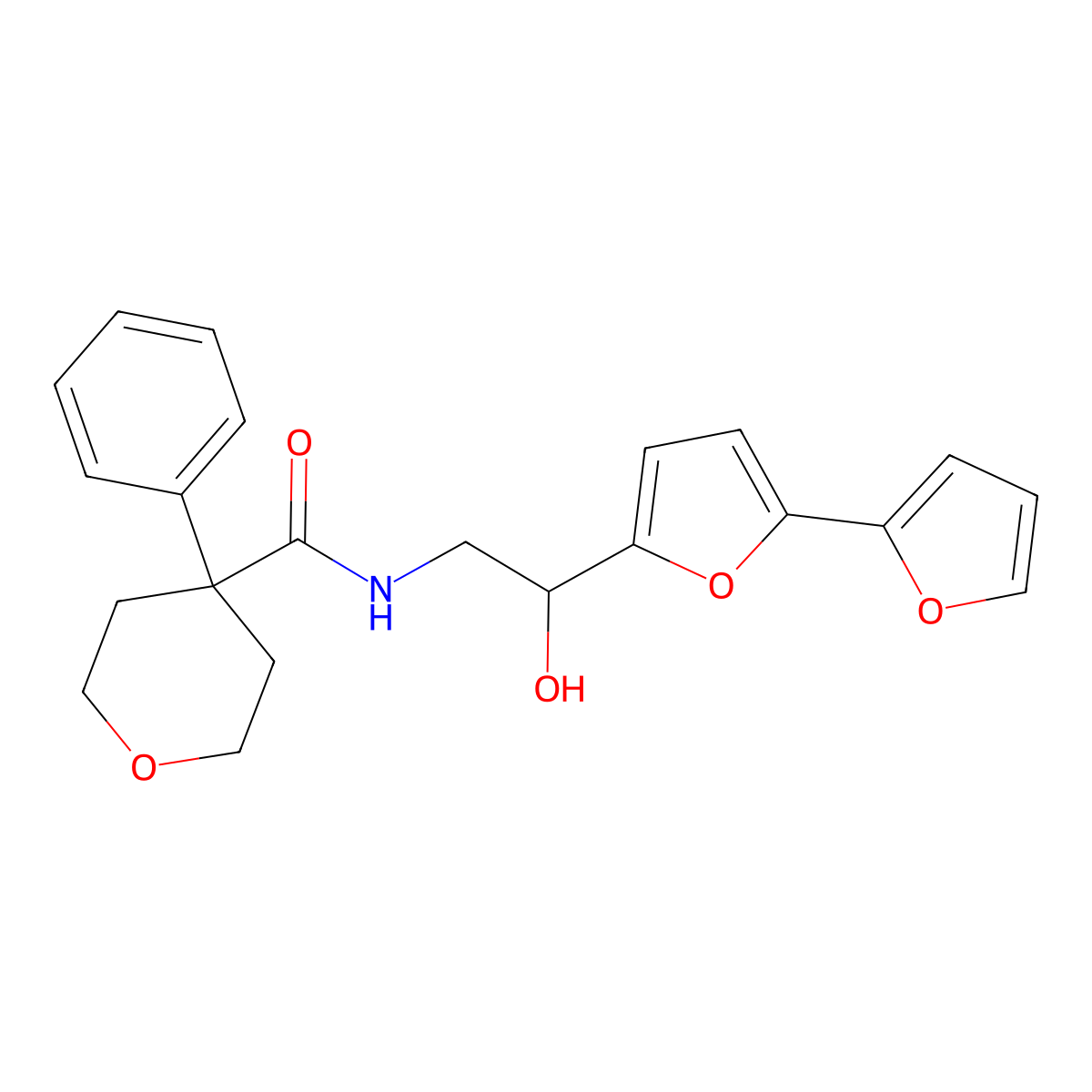 N-(2-{[2,2'-bifuran]-5-yl}-2-hydroxyethyl)-4-phenyloxane-4-carboxamide molecular structure, CAS 2309221-50-7