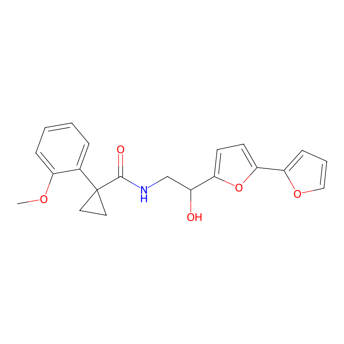 N-(2-{[2,2'-bifuran]-5-yl}-2-hydroxyethyl)-1-(2-methoxyphenyl)cyclopropane-1-carboxamide molecular structure, CAS 2309222-40-8