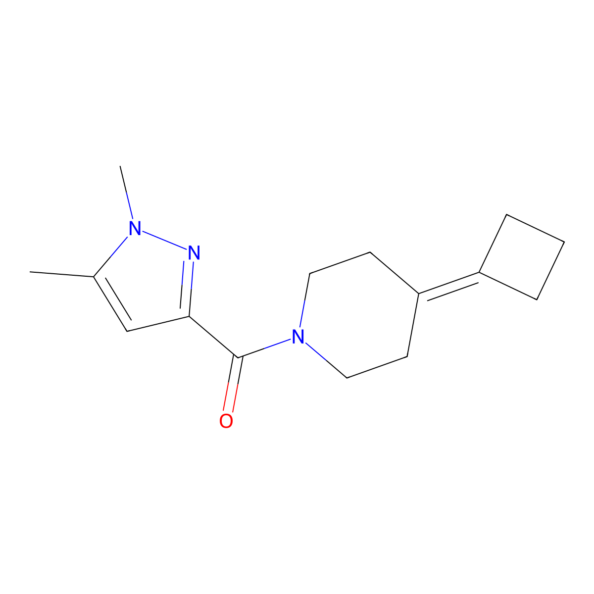 4-cyclobutylidene-1-(1,5-dimethyl-1H-pyrazole-3-carbonyl)piperidine molecular structure, CAS 2309232-42-4