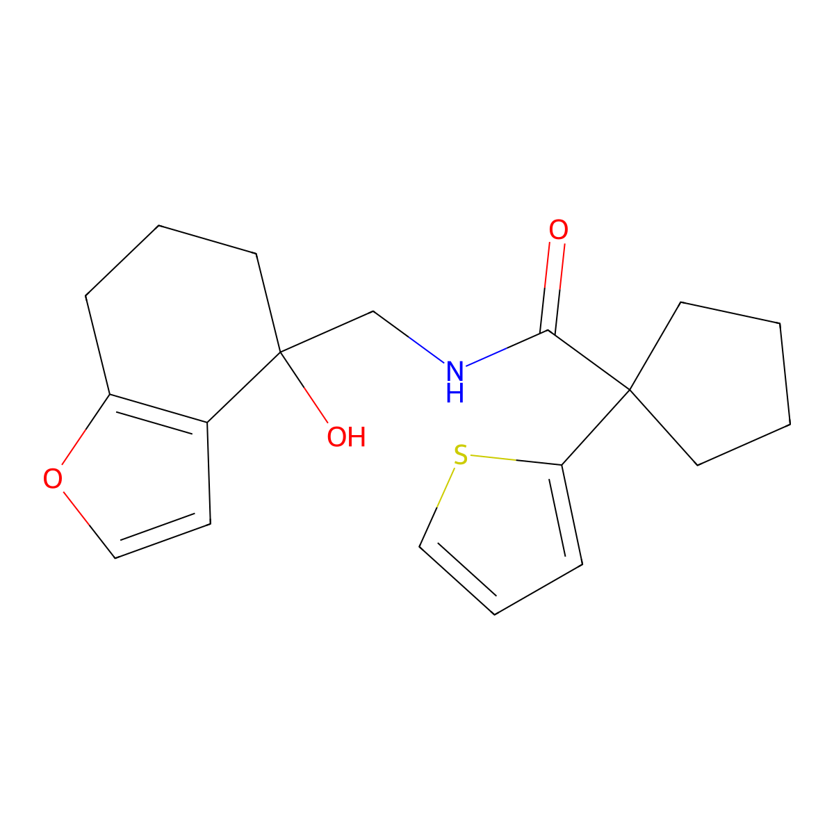 N-[(4-hydroxy-4,5,6,7-tetrahydro-1-benzofuran-4-yl)methyl]-1-(thiophen-2-yl)cyclopentane-1-carboxamide molecular structure, CAS 2309258-81-7