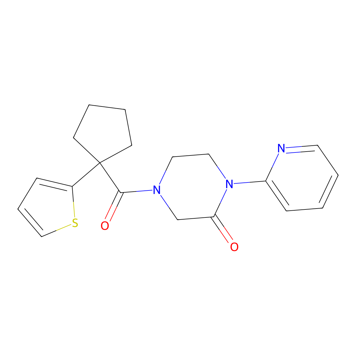 1-(Pyridin-2-yl)-4-[1-(thiophen-2-yl)cyclopentanecarbonyl]piperazin-2-one molecular structure, CAS 2309258-95-3