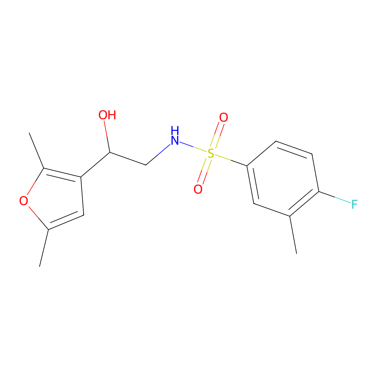 N-[2-(2,5-dimethylfuran-3-yl)-2-hydroxyethyl]-4-fluoro-3-methylbenzene-1-sulfonamide molecular structure, CAS 2309259-29-6