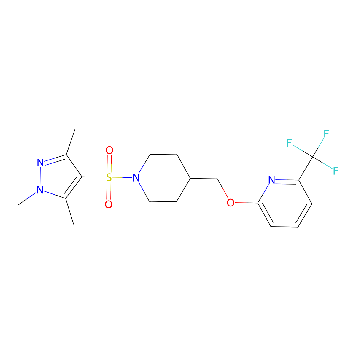 2-(trifluoromethyl)-6-({1-[(1,3,5-trimethyl-1H-pyrazol-4-yl)sulfonyl]piperidin-4-yl}methoxy)pyridine molecular structure, CAS 2309259-35-4