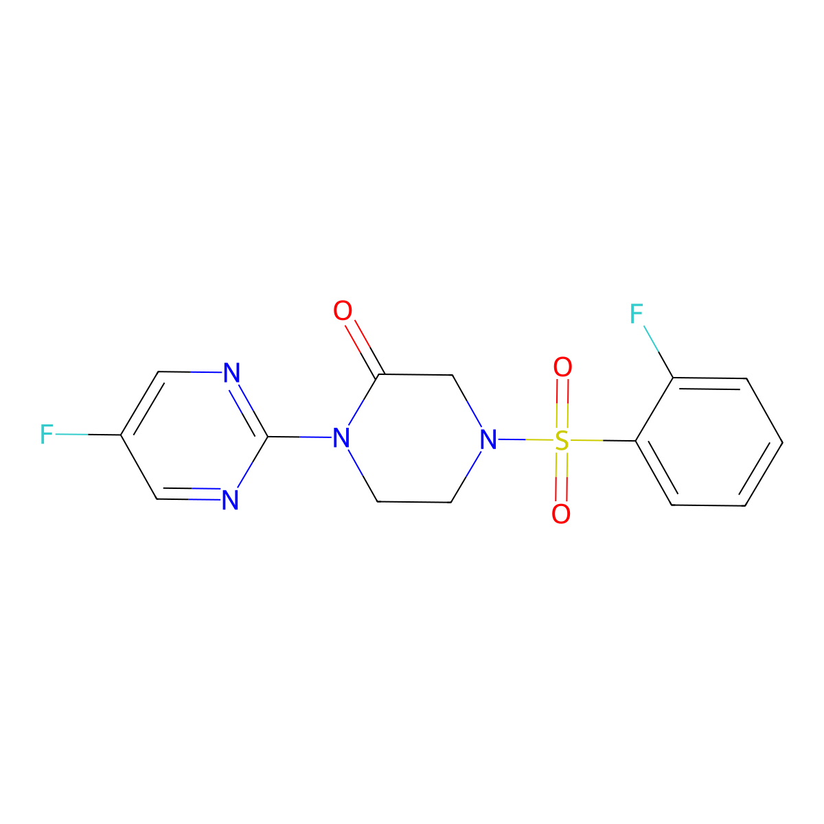 4-(2-Fluorobenzenesulfonyl)-1-(5-fluoropyrimidin-2-yl)piperazin-2-one molecular structure, CAS 2309259-59-2