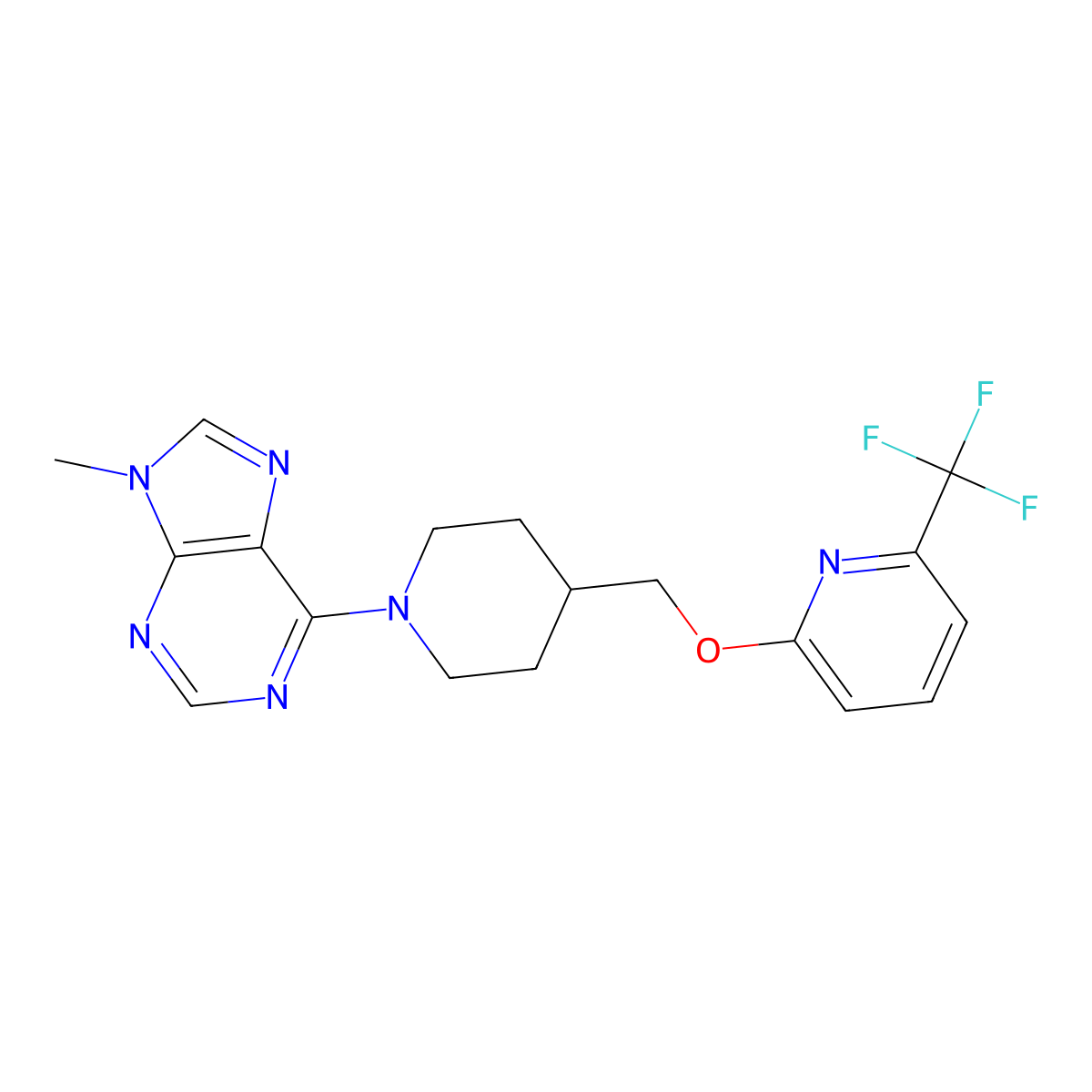 9-methyl-6-[4-({[6-(trifluoromethyl)pyridin-2-yl]oxy}methyl)piperidin-1-yl]-9H-purine molecular structure, CAS 2309259-88-7
