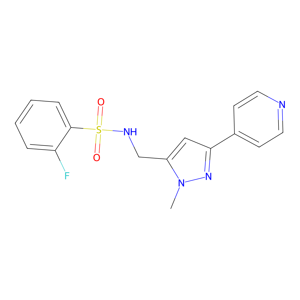 2-fluoro-N-{[1-methyl-3-(pyridin-4-yl)-1H-pyrazol-5-yl]methyl}benzene-1-sulfonamide molecular structure, CAS 2309307-45-5
