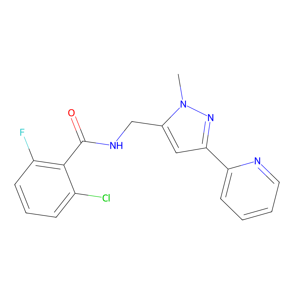 2-chloro-6-fluoro-N-{[1-methyl-3-(pyridin-2-yl)-1H-pyrazol-5-yl]methyl}benzamide molecular structure, CAS 2309307-62-6