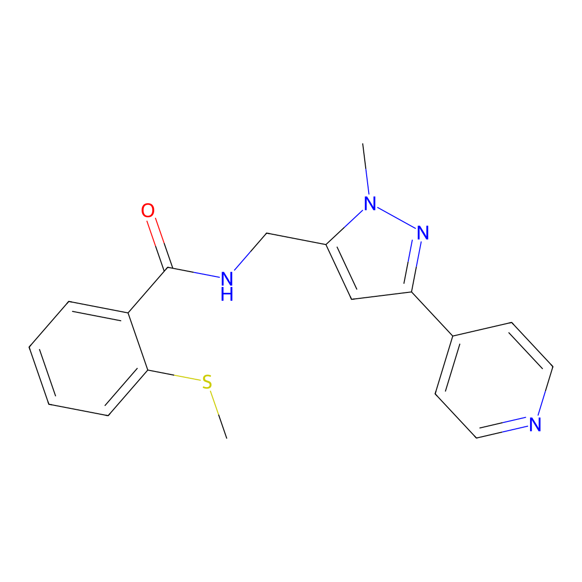 N-{[1-methyl-3-(pyridin-4-yl)-1H-pyrazol-5-yl]methyl}-2-(methylsulfanyl)benzamide molecular structure, CAS 2309307-81-9