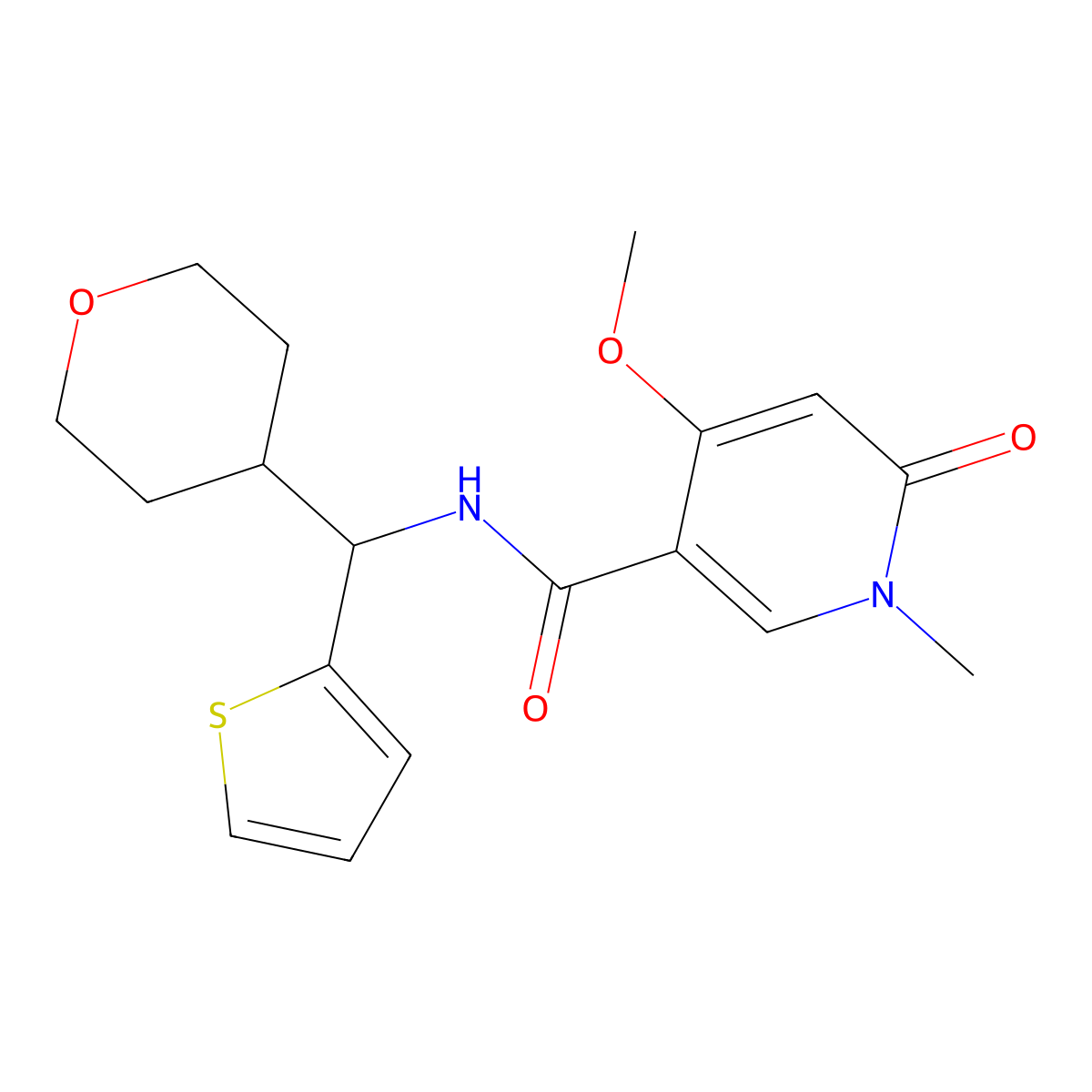 4-methoxy-1-methyl-N-[(oxan-4-yl)(thiophen-2-yl)methyl]-6-oxo-1,6-dihydropyridine-3-carboxamide molecular structure, CAS 2309308-43-6