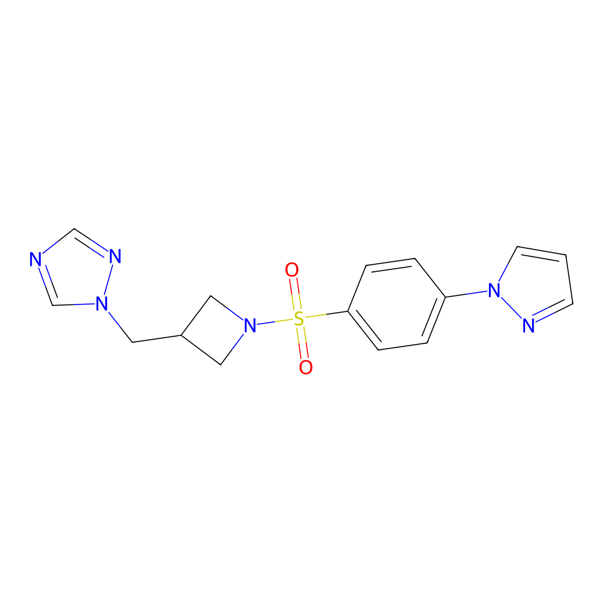 1-({1-[4-(1H-pyrazol-1-yl)benzenesulfonyl]azetidin-3-yl}methyl)-1H-1,2,4-triazole molecular structure, CAS 2309308-48-1