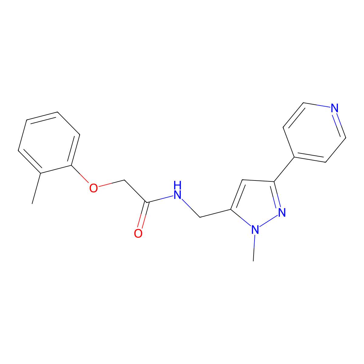 N-{[1-methyl-3-(pyridin-4-yl)-1H-pyrazol-5-yl]methyl}-2-(2-methylphenoxy)acetamide molecular structure, CAS 2309308-73-2