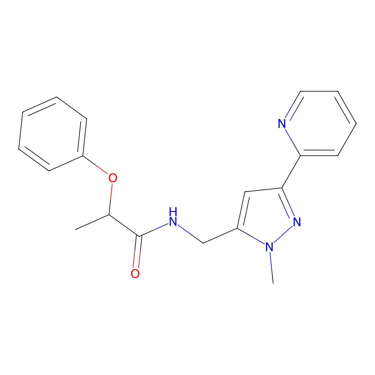 N-{[1-methyl-3-(pyridin-2-yl)-1H-pyrazol-5-yl]methyl}-2-phenoxypropanamide molecular structure, CAS 2309308-85-6