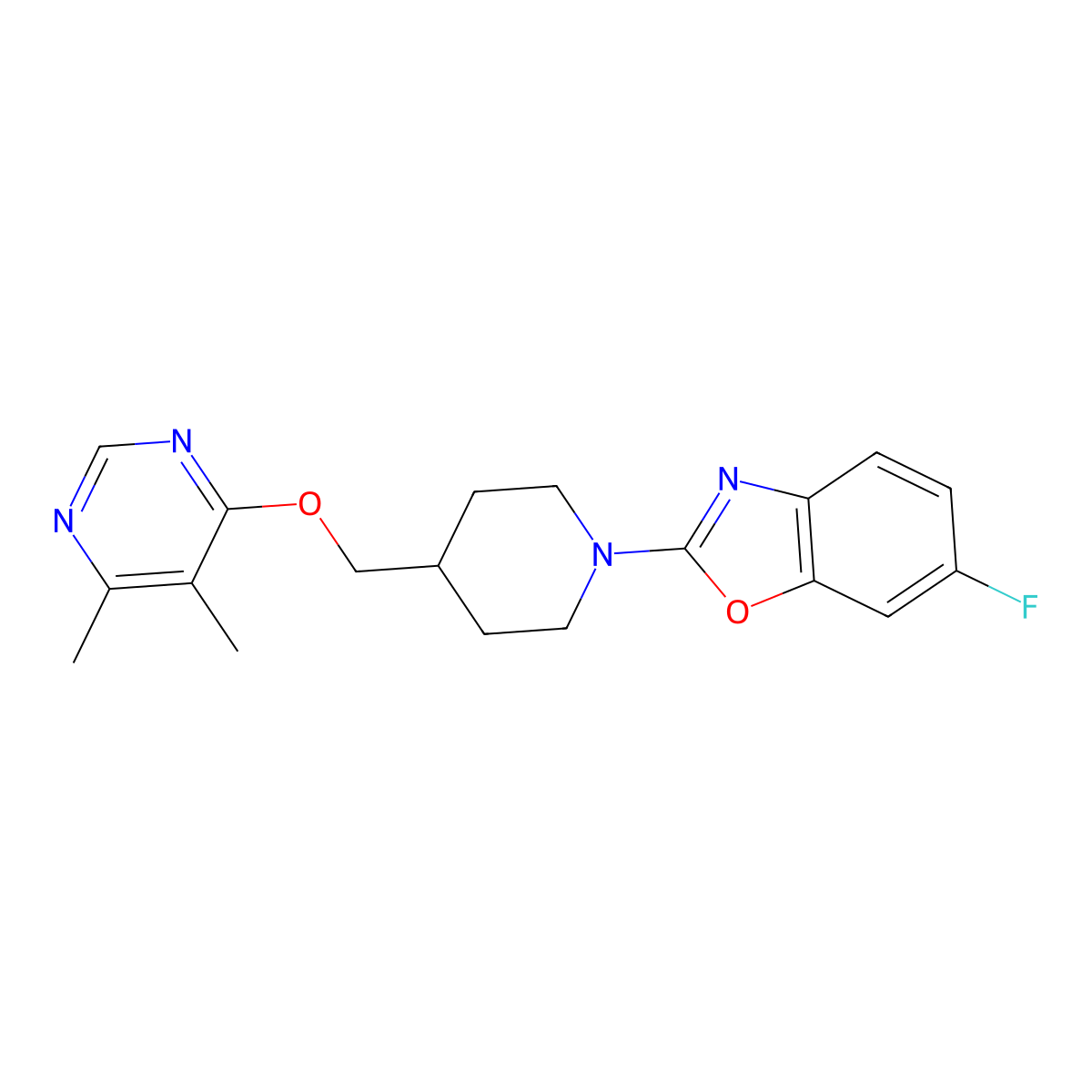2-(4-(((5,6-Dimethylpyrimidin-4-yl)oxy)methyl)piperidin-1-yl)-6-fluorobenzo[d]oxazole molecular structure, CAS 2309309-09-7